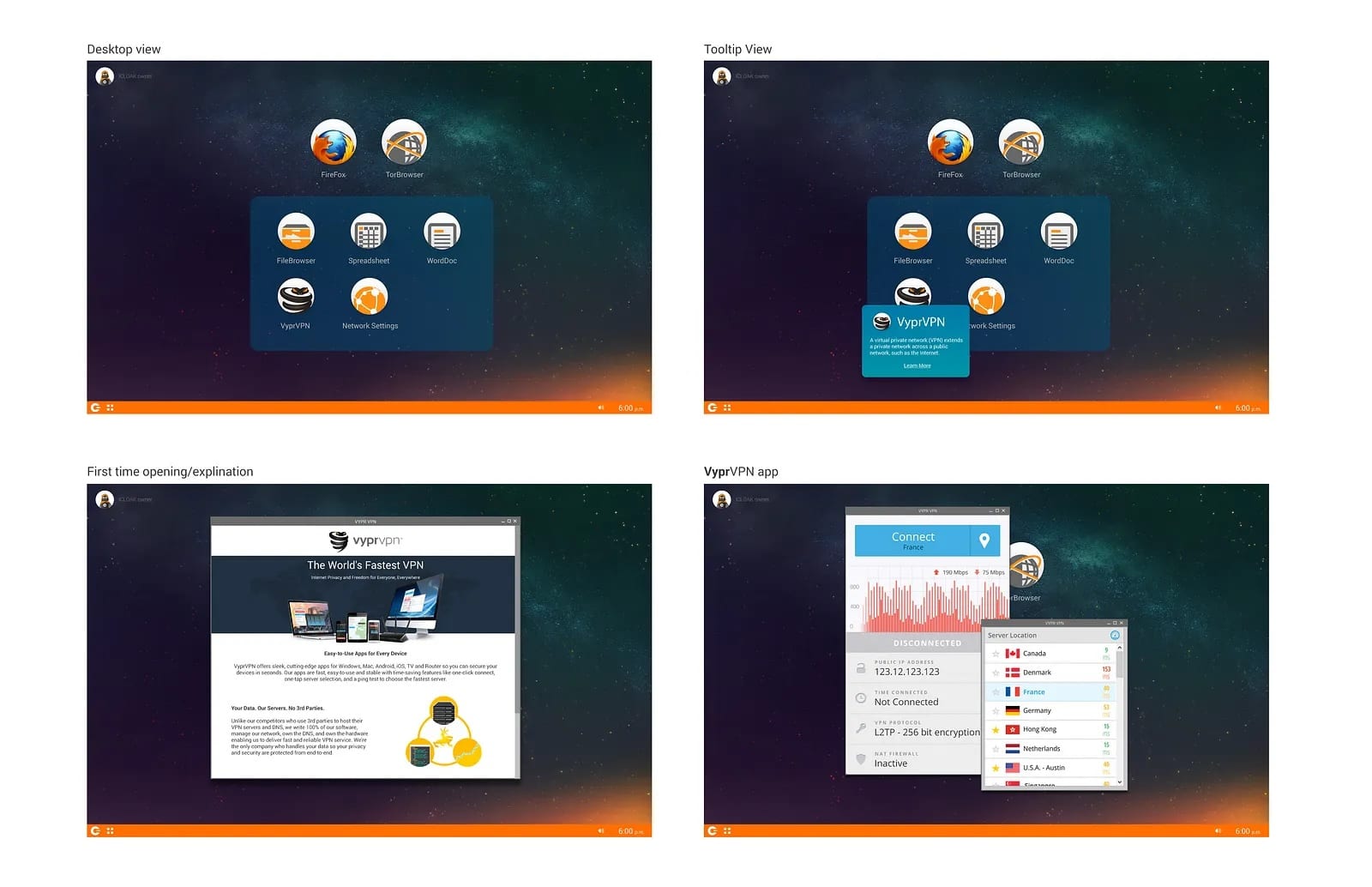ICLOAK — Privacy OS desktop environment, four states